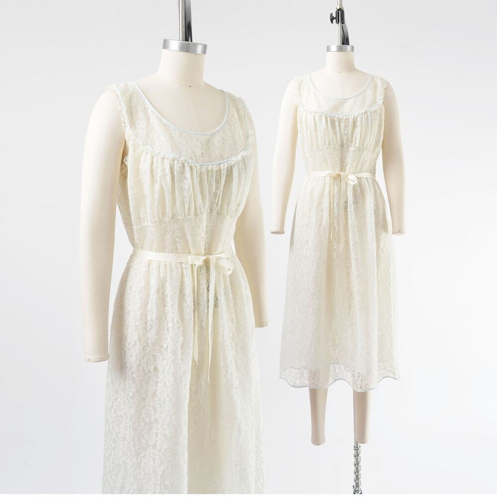 Vintage 40s 50s Ivory Lace Nightgown Sheer Romantic Bridal Lingerie Dress M - Picture 2 of 9